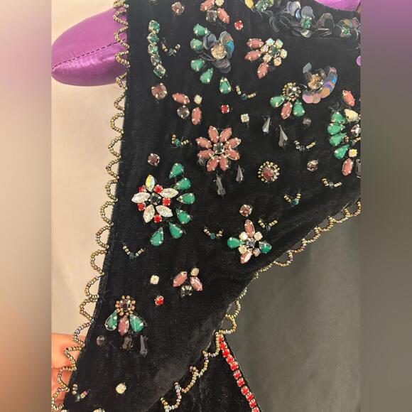 Retro Black Velvet Beaded Jeweled Sleeveless Cut Out Back Mini Shift Dress SizeL - Picture 13 of 15